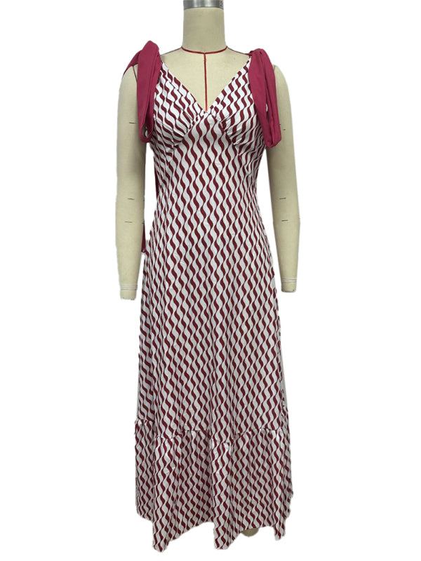 Elegant Dresses - Lace-up women's long dress V-neck sleeveless printed dress
