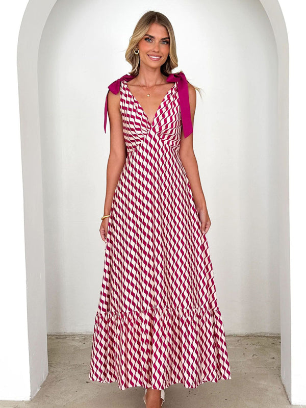 Elegant Dresses - Lace-up women's long dress V-neck sleeveless printed dress