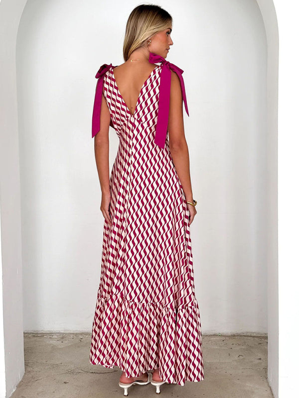 Elegant Dresses - Lace-up women's long dress V-neck sleeveless printed dress