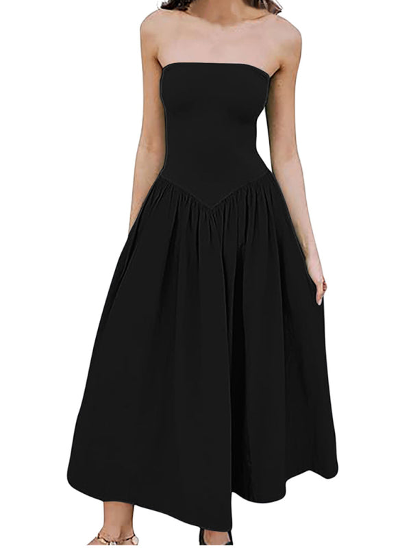 Tube Dresses - Solid color tube top elegant waist pleated pocket long dress