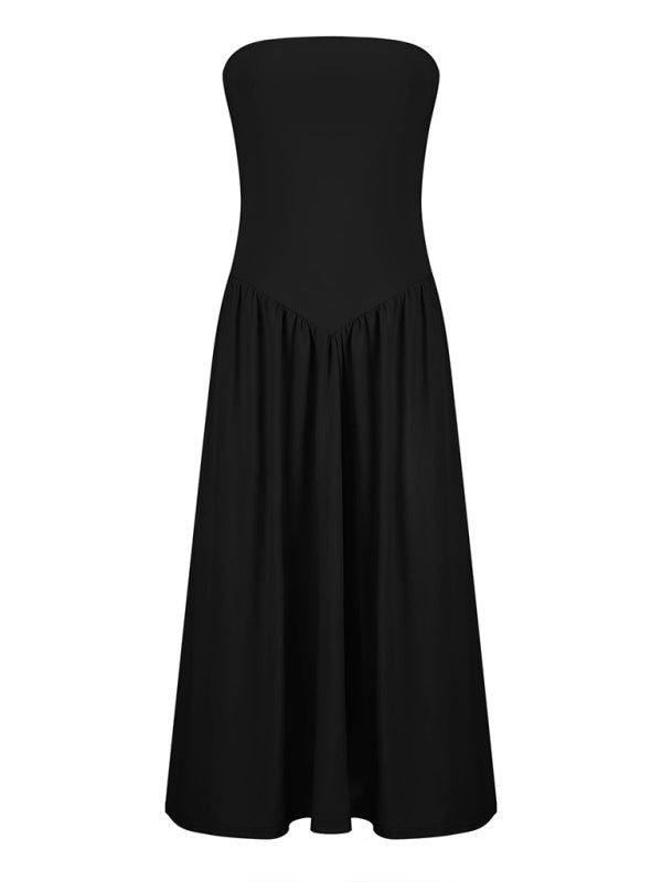 Tube Dresses - Solid color tube top elegant waist pleated pocket long dress