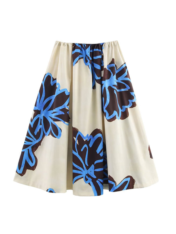 Skirts - Fashionable and casual printed wide hem midi skirt