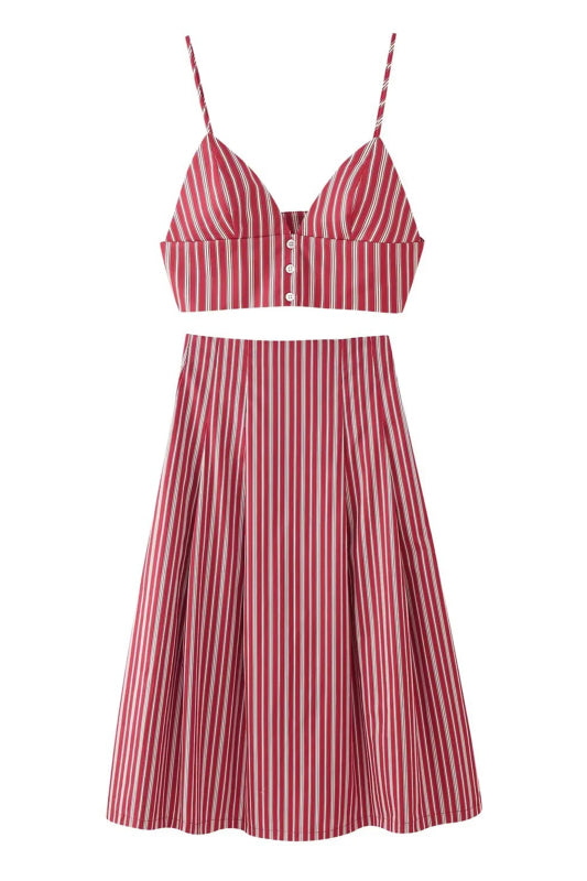 Matching Sets - Fashion Striped Short Top + Striped Midi Skirt Set
