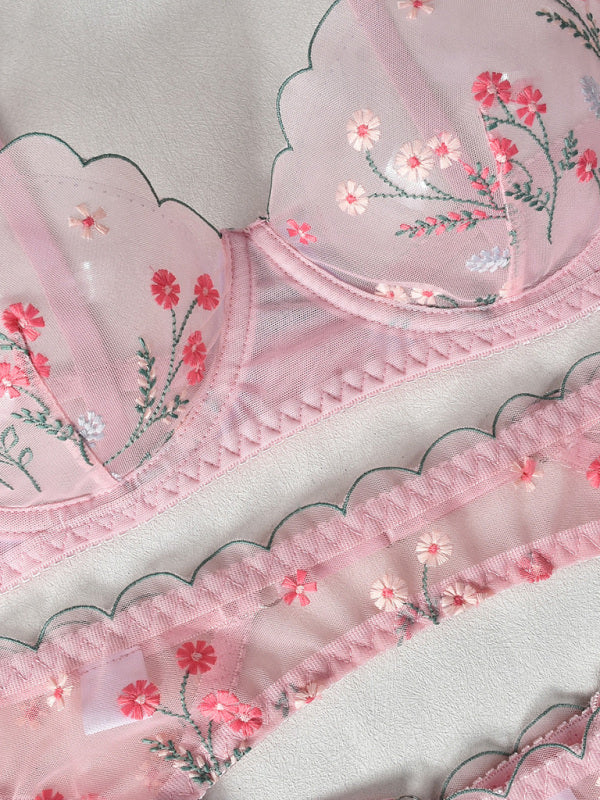 Lingerie - Embroidery and mesh sexy underwear four-piece set