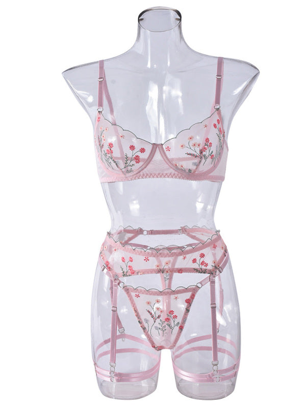 Lingerie - Embroidery and mesh sexy underwear four-piece set