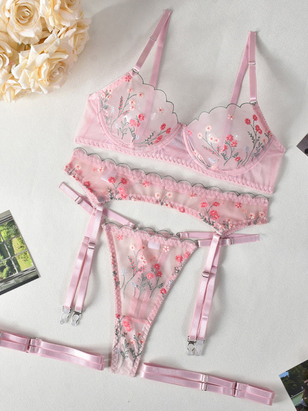 Lingerie - Embroidery and mesh sexy underwear four-piece set