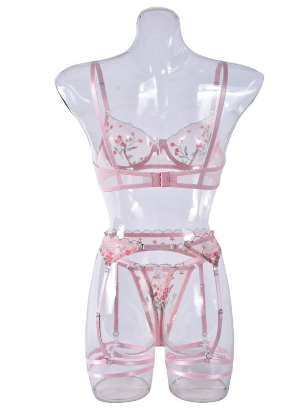 Lingerie - Embroidery and mesh sexy underwear four-piece set
