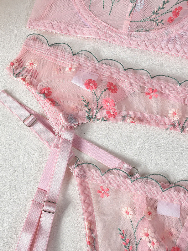 Lingerie - Embroidery and mesh sexy underwear four-piece set