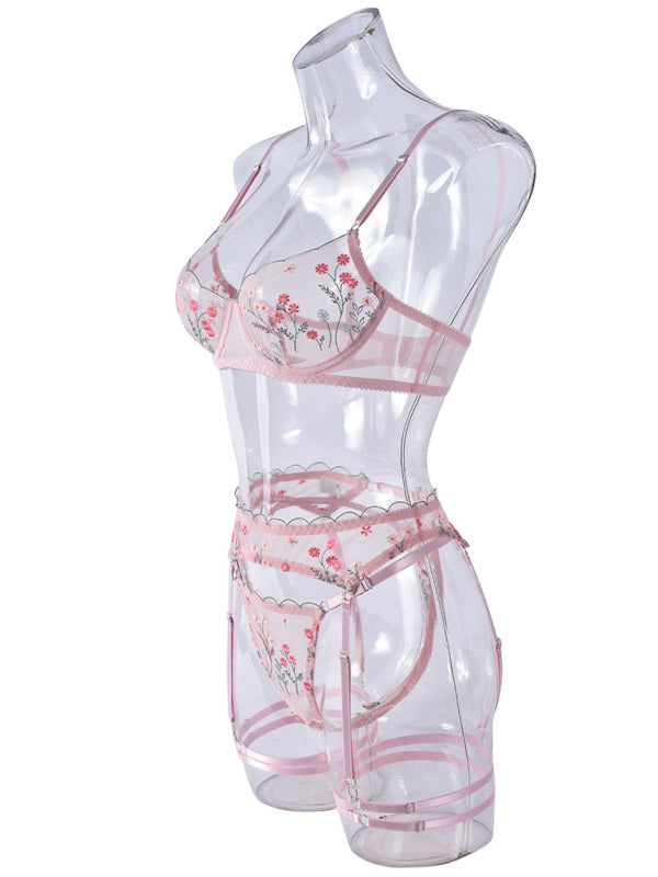 Lingerie - Embroidery and mesh sexy underwear four-piece set