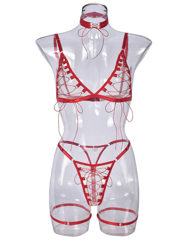 Lingerie - Mesh see-through lace-up sexy lingerie uniform four-piece set