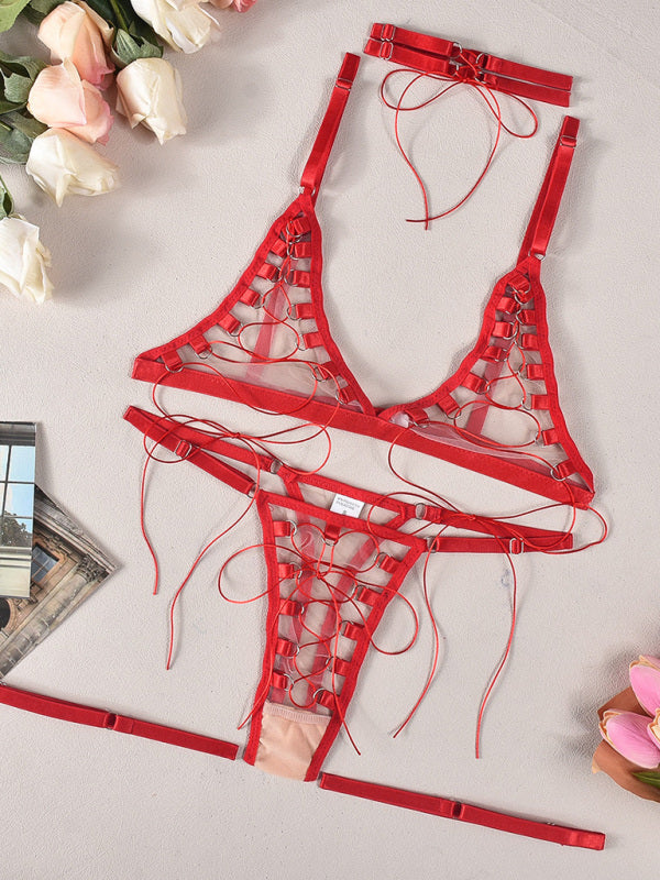 Lingerie - Mesh see-through lace-up sexy lingerie uniform four-piece set