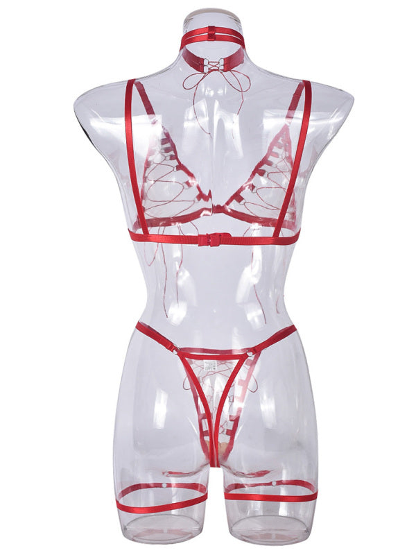 Lingerie - Mesh see-through lace-up sexy lingerie uniform four-piece set