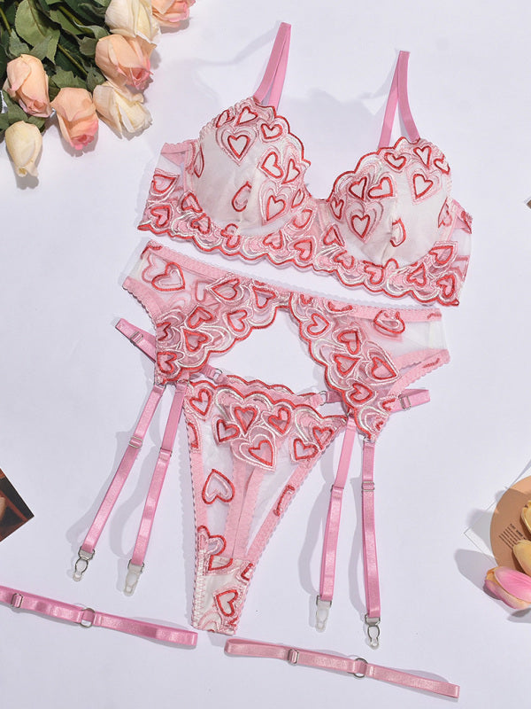Lingerie - Love Embroidery Sexy Temptation Lingerie Four-piece Set