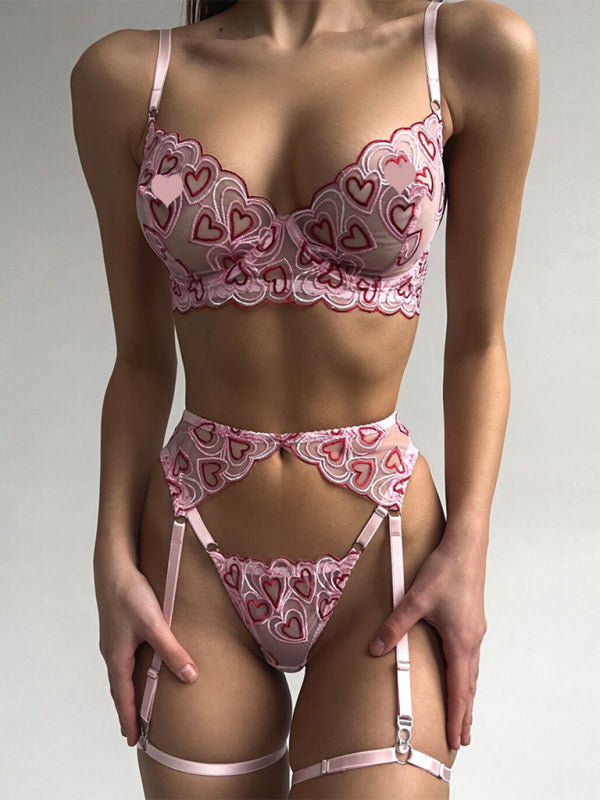 Lingerie - Love Embroidery Sexy Temptation Lingerie Four-piece Set