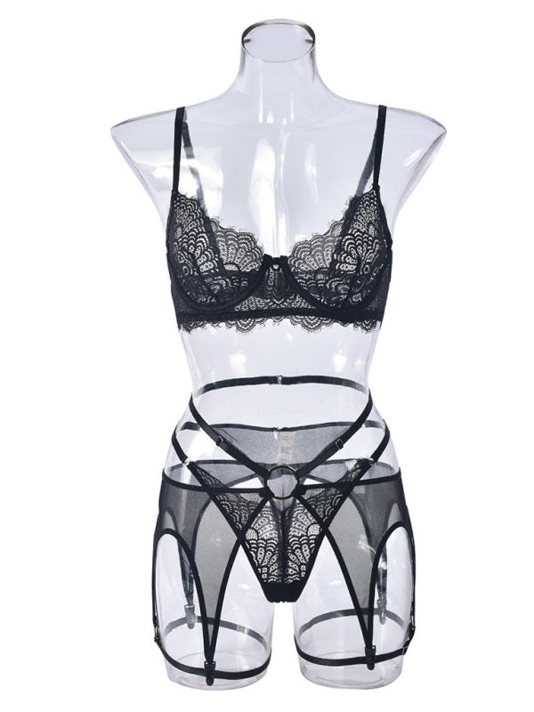 Lingerie - Lace see-through sexy heavy metal three-piece suit with leg ring