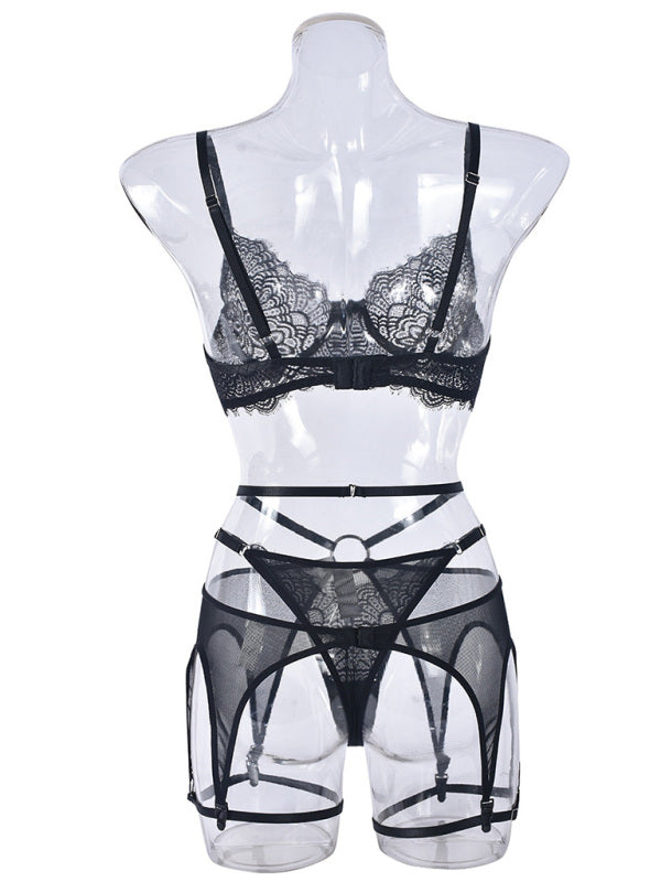 Lingerie - Lace see-through sexy heavy metal three-piece suit with leg ring