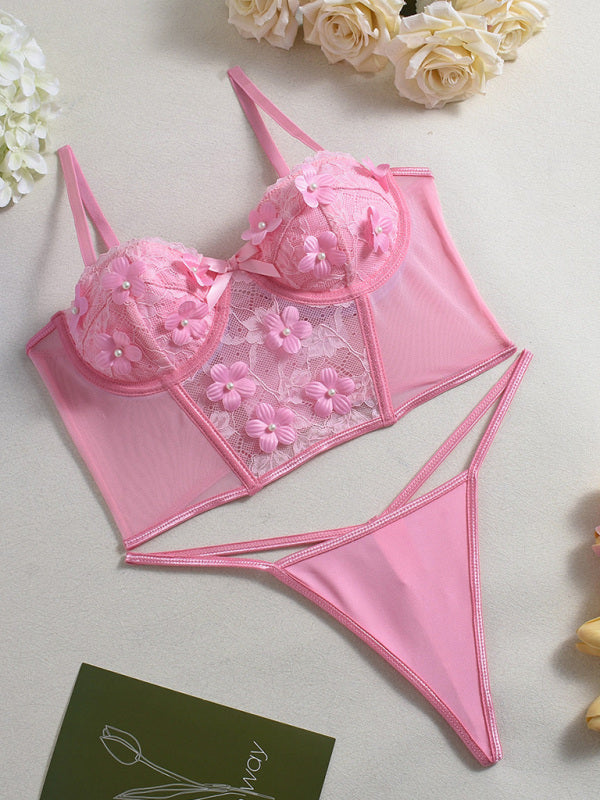 Lingerie - Floral Embroidered Bow Sexy Lingerie Set