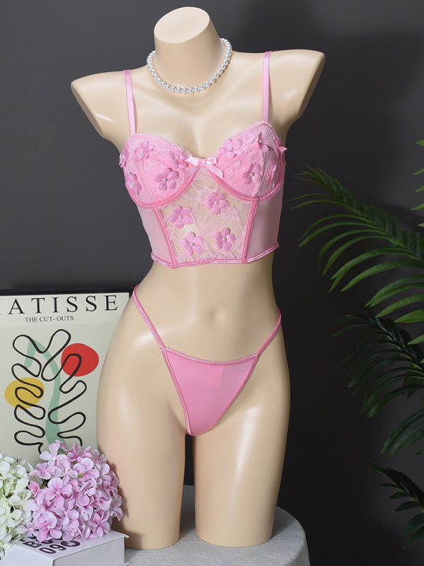 Lingerie - Floral Embroidered Bow Sexy Lingerie Set