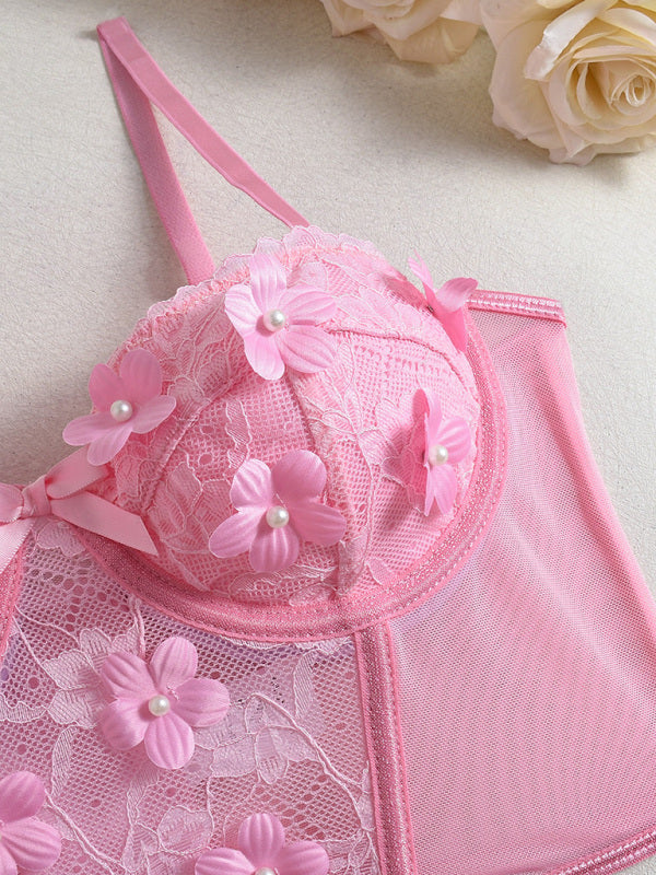 Lingerie - Floral Embroidered Bow Sexy Lingerie Set