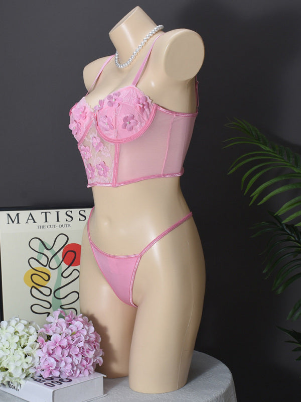 Lingerie - Floral Embroidered Bow Sexy Lingerie Set