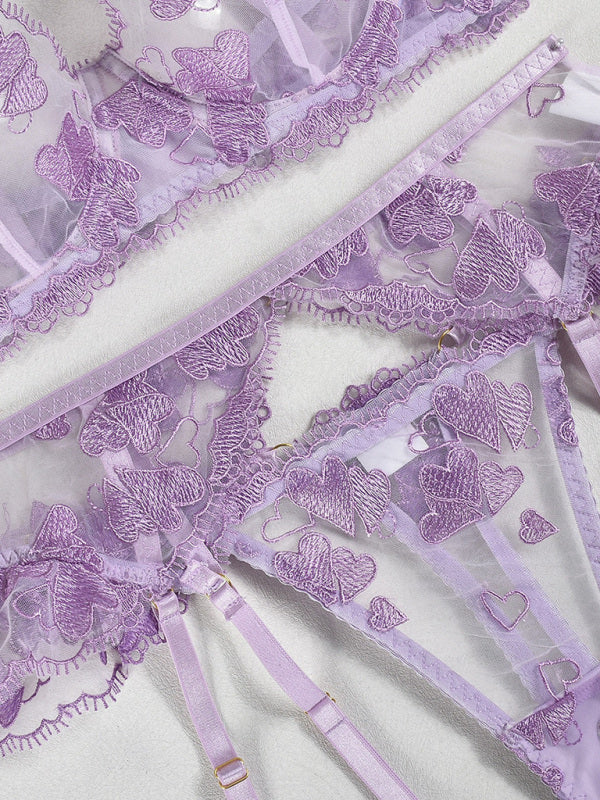 Lingerie - Heart-shaped embroidered sexy lingerie four-piece set