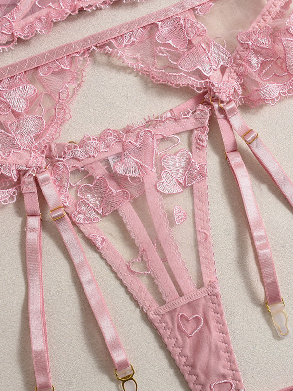 Lingerie - Heart-shaped embroidered sexy lingerie four-piece set
