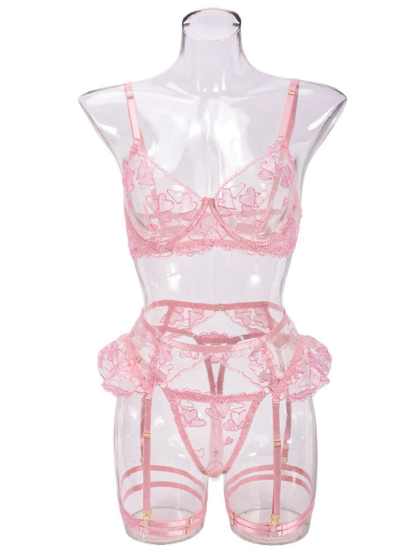 Lingerie - Heart-shaped embroidered sexy lingerie four-piece set