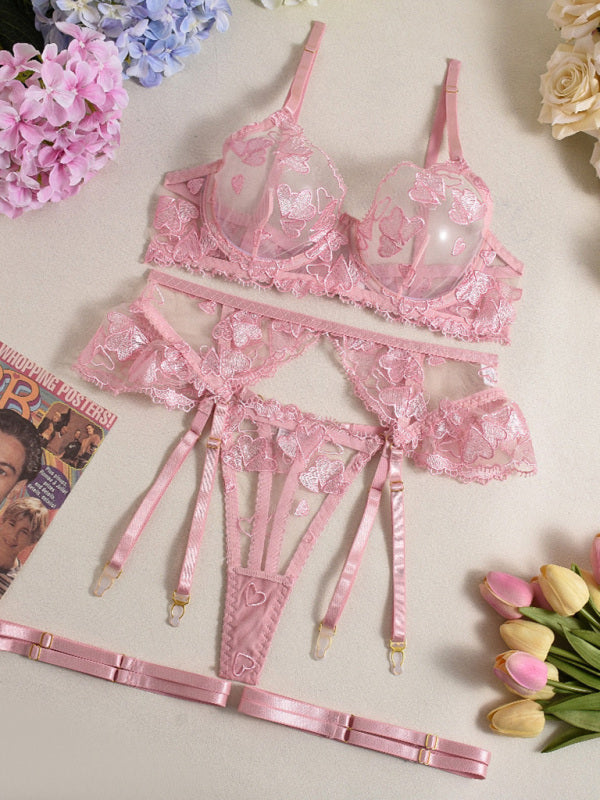 Lingerie - Heart-shaped embroidered sexy lingerie four-piece set