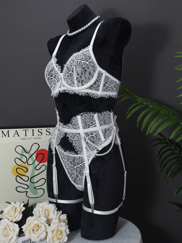 Lingerie - Sexy Bra Handmade Pearl Removable Fishbone Waist Eyelash Lace Bra Set