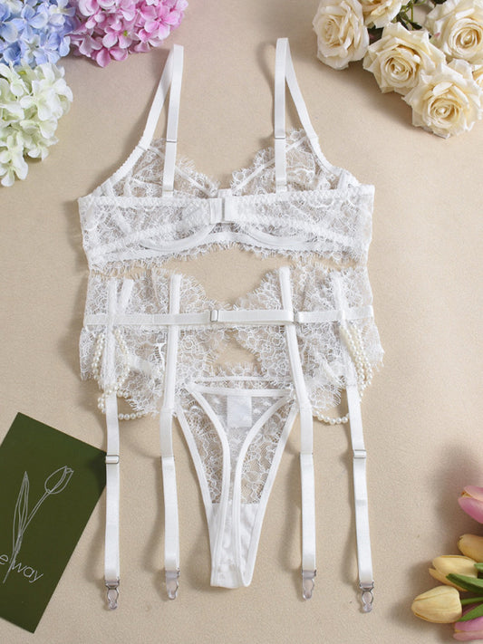 Lingerie - Sexy Bra Handmade Pearl Removable Fishbone Waist Eyelash Lace Bra Set