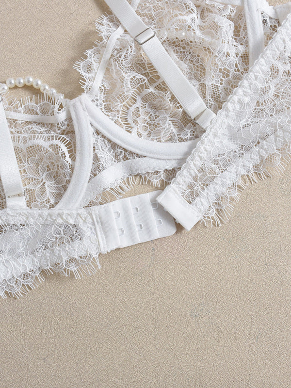 Lingerie - Sexy Bra Handmade Pearl Removable Fishbone Waist Eyelash Lace Bra Set