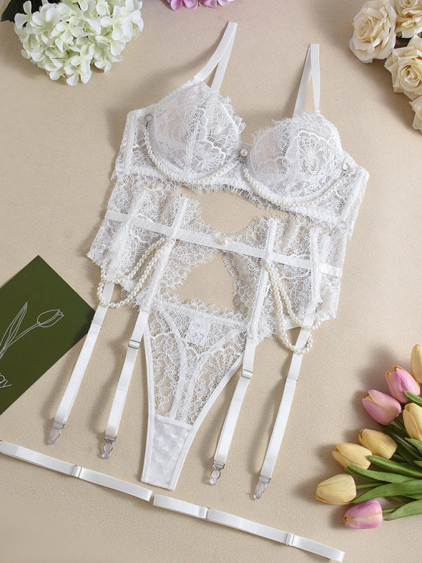 Lingerie - Sexy Bra Handmade Pearl Removable Fishbone Waist Eyelash Lace Bra Set