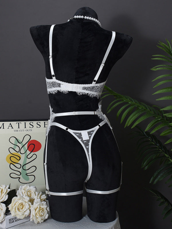 Lingerie - Sexy Bra Handmade Pearl Removable Fishbone Waist Eyelash Lace Bra Set