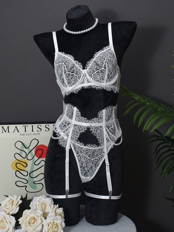 Lingerie - Sexy Bra Handmade Pearl Removable Fishbone Waist Eyelash Lace Bra Set