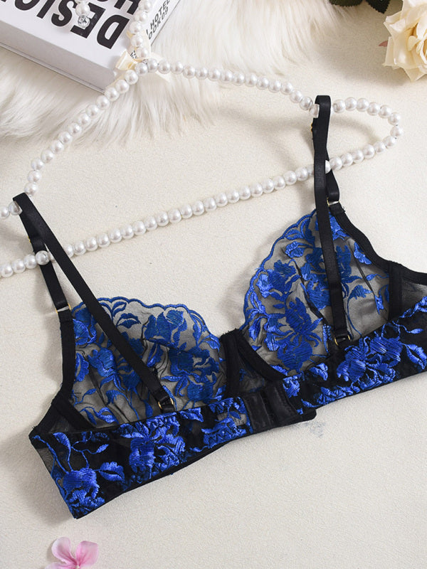 Lingerie - Sexy bra lace mesh see-through embroidery sexy underwear 4-piece set