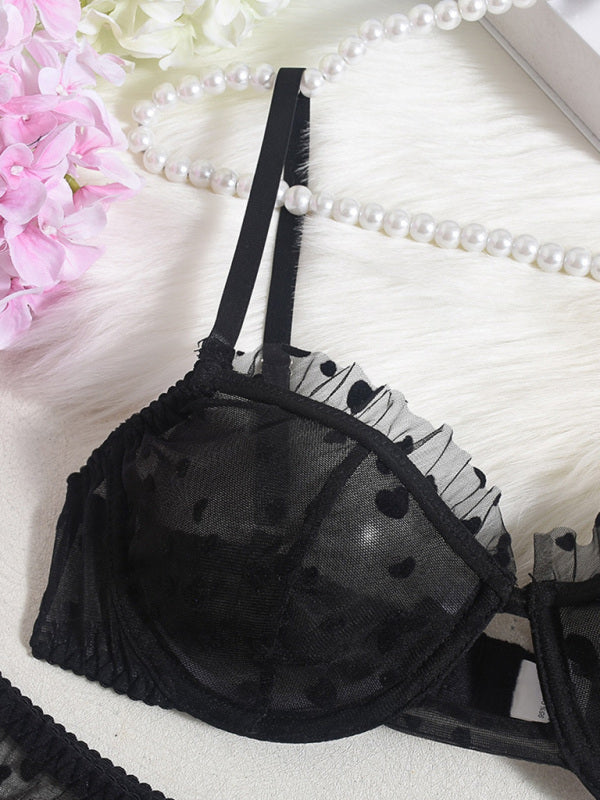 Lingerie - Sexy Lace Underwear Ultra-thin See-through Heart-shaped Flocking Women's Underwear Set