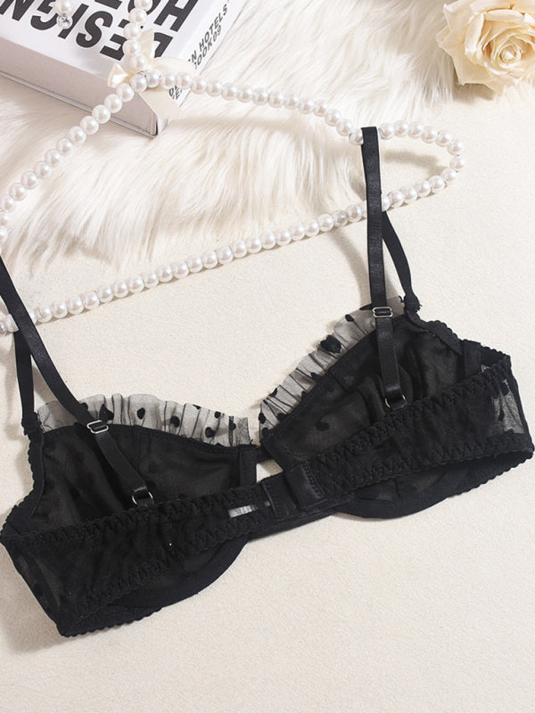 Lingerie - Sexy Lace Underwear Ultra-thin See-through Heart-shaped Flocking Women's Underwear Set