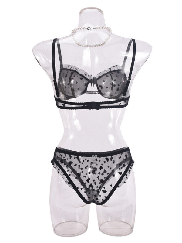 Lingerie - Sexy Lace Underwear Ultra-thin See-through Heart-shaped Flocking Women's Underwear Set