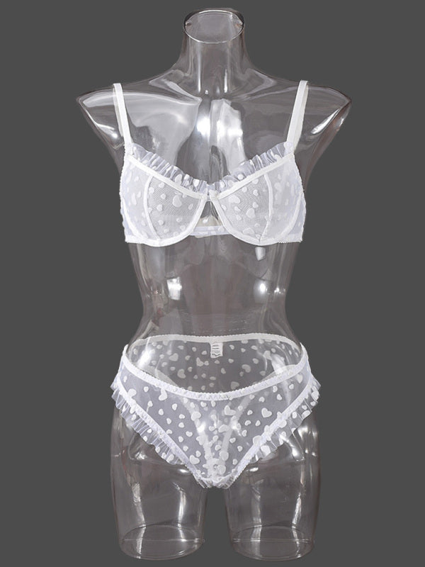 Lingerie - Sexy Lace Underwear Ultra-thin See-through Heart-shaped Flocking Women's Underwear Set