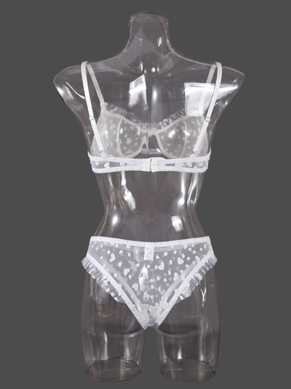 Lingerie - Sexy Lace Underwear Ultra-thin See-through Heart-shaped Flocking Women's Underwear Set