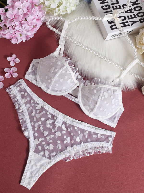Lingerie - Sexy Lace Underwear Ultra-thin See-through Heart-shaped Flocking Women's Underwear Set