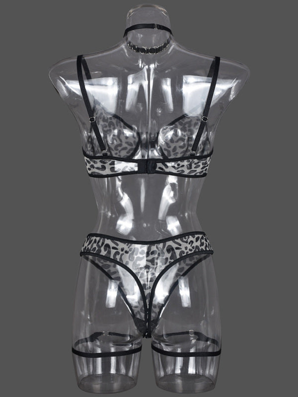Lingerie - Leopard print polka dot sexy ultra-thin see-through mesh underwear set including neck and anklets