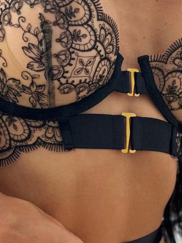 Lingeries - Sexy Embroidered Metal Button Sexy Transparent Lingerie Set