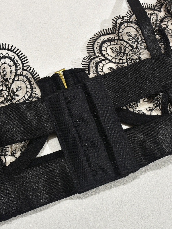 Lingeries - Sexy Embroidered Metal Button Sexy Transparent Lingerie Set