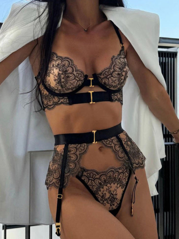 Lingeries - Sexy Embroidered Metal Button Sexy Transparent Lingerie Set