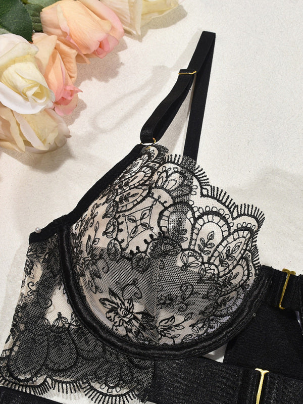 Lingeries - Sexy Embroidered Metal Button Sexy Transparent Lingerie Set