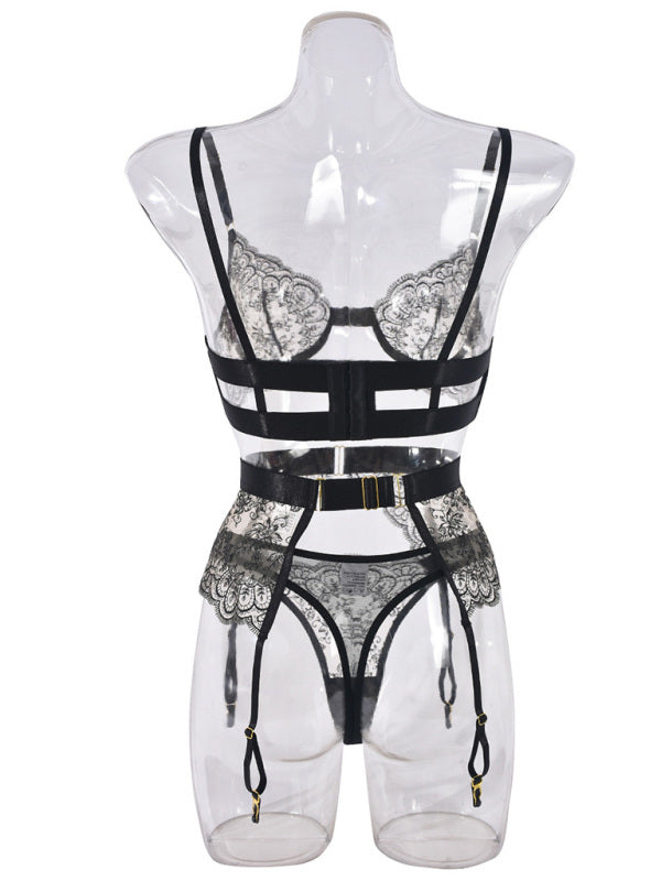 Lingeries - Sexy Embroidered Metal Button Sexy Transparent Lingerie Set