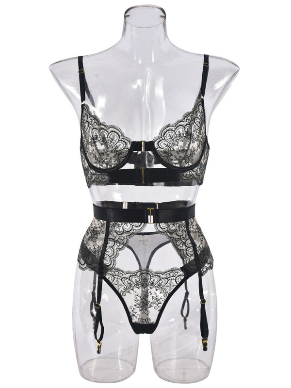 Lingeries - Sexy Embroidered Metal Button Sexy Transparent Lingerie Set