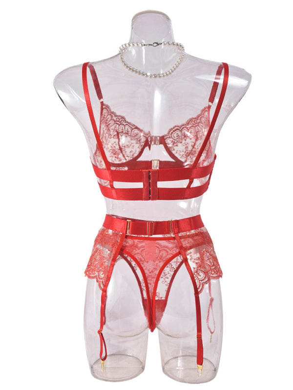 Lingeries - Sexy Embroidered Metal Button Sexy Transparent Lingerie Set