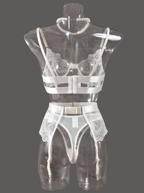 Lingeries - Sexy Embroidered Metal Button Sexy Transparent Lingerie Set